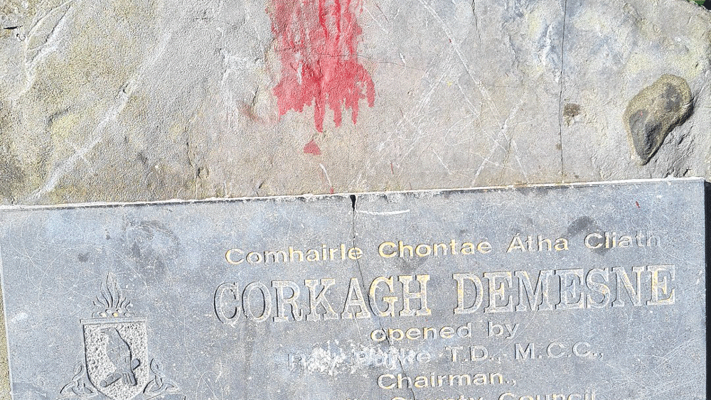 Vandalised plaque in Corkagh Park now in council storage Vandalised plaque in Corkagh Park now in council storage
